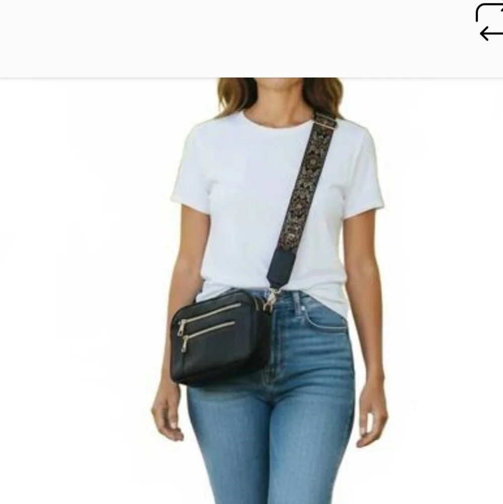 Black Faux Leather Crossbody Bag with Guitar Embroidered Strap - Picture 6 of 9